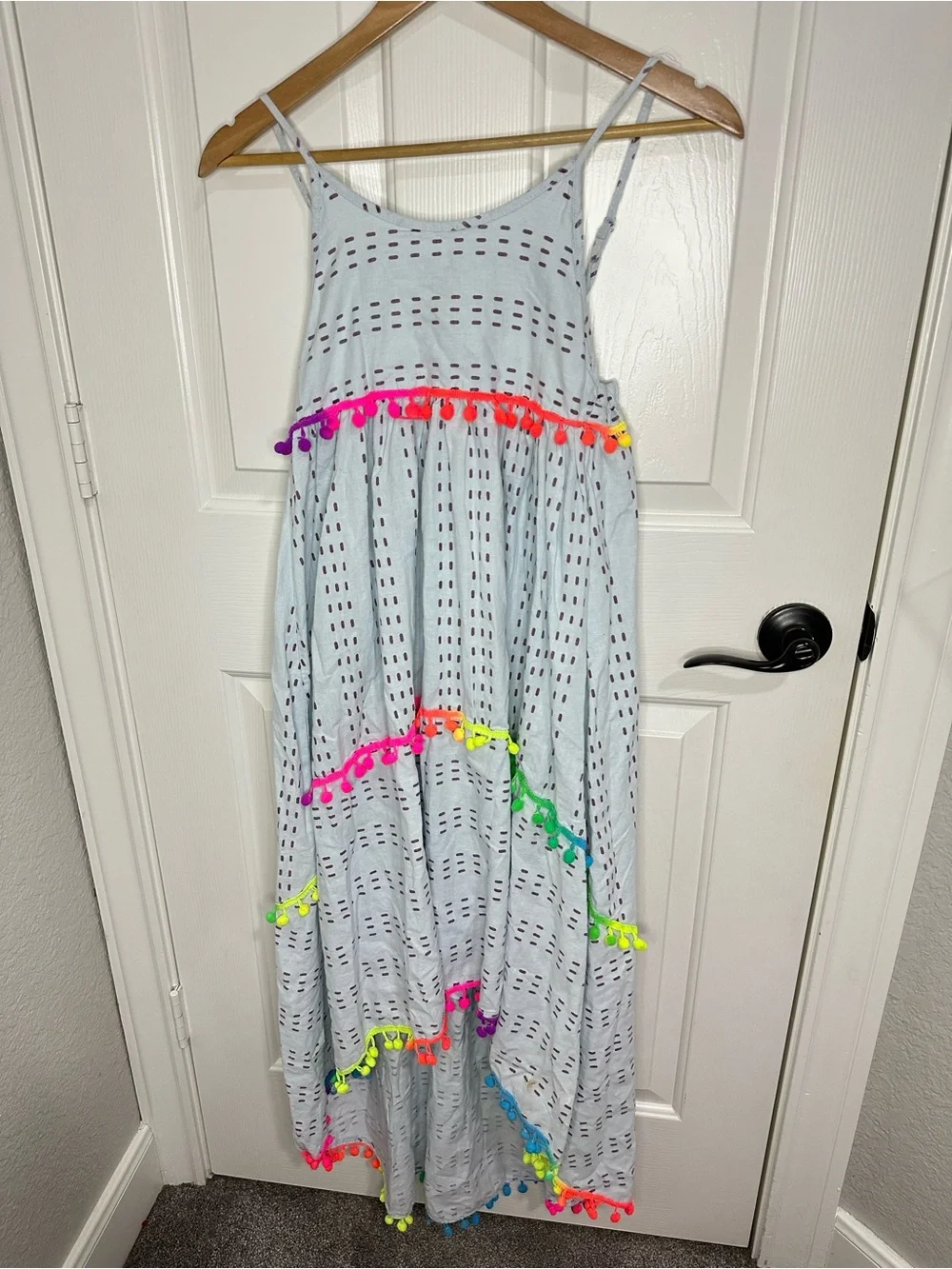 Lola and The Boys Baby Blue Cotton High Low Pom Pom Sun Dress Sz 14 *Flawed*